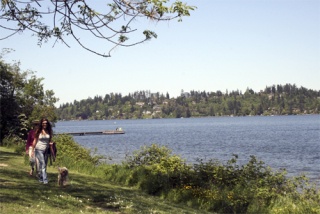 Visitors to Luther Burbank Park wander along the shoreline at the swimming beach on Friday