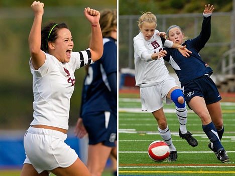 Left: Islander captain Mary Hill celebrates after scoring a goal against Glacier Peak during a playoff game at Mercer Island on Saturday. Mercer Island won 2-1 to advance to the next round.  Right: Islander midfielder Rachel Pedreira (12) advances a ball. Pedreira scored Mercer Island's first goal of the game Saturday.