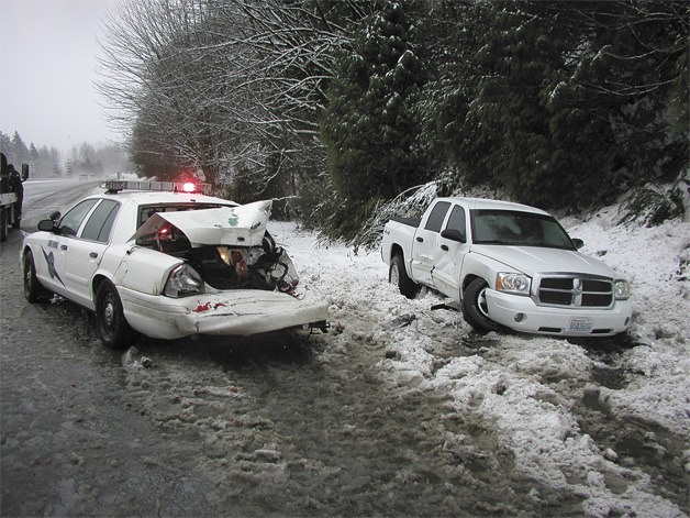 A Washington state trooper was hit by a pickup truck driving too fast in snowy conditions on I-90 in December 2008.