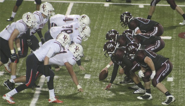 Mercer Island prepares to snap during the Islanders’ win over Eastside Catholic last Friday.