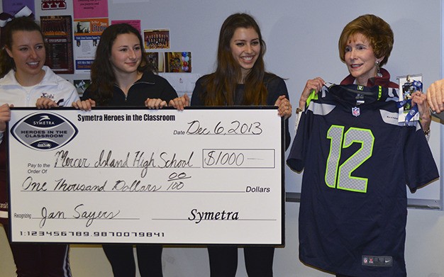 Symetra and the Seattle Seahawks honored Mercer Island High School teacher Jan Sayers as a “Symetra Hero in the Classroom” during a classroom presentation Dec. 6 at Mercer Island High School.