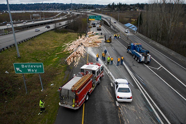 A semi truck carrying lumber over turned on the on-ramp to Interstate I-90 on Tuesday morning. No one was seriously hurt in the accident