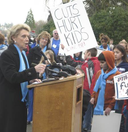 Gov. Christine Gregoire addresses the crowd during a Washington PTA rally in Olympia on Monday