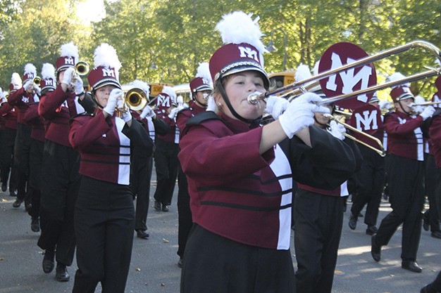 The Mercer Island High School band marches in the 2016 Homecoming Parade Friday in downtown Mercer Island.