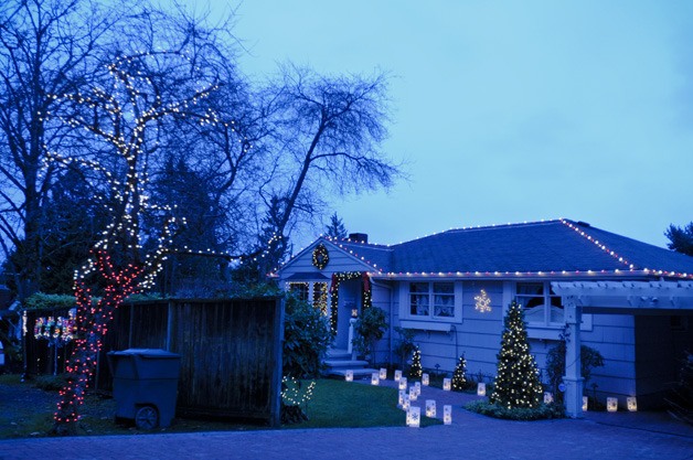 Holiday lights adorn a home in the First Hill neighborhood of Mercer Island in December.