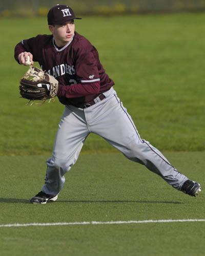 Islanders junior infielder Evan Thompson (2) fields a ball and throws to first base during the team’s 21-0 win at Sammamish last Friday