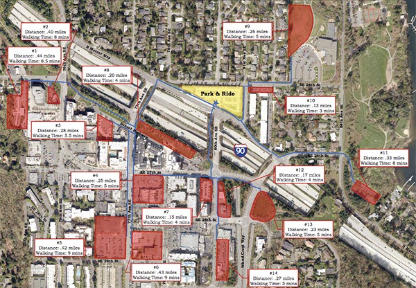 Consultant Ben Pariser evaluated 15 sites for potential commuter parking lots (the boat launch option does not appear in this graphic). The City Council said that other projects