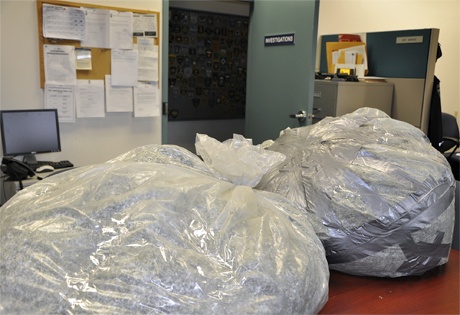 Two bags filled with more than 150 pounds of shredded currency sit in the Mercer Island Police Department investigation room on Oct. 30.