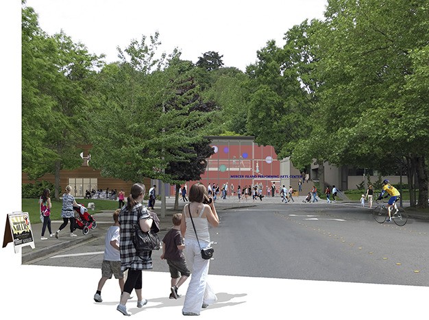 This rending of one possible design of a new performing arts center for Youth Theatre Northwest is shown looking west down S.E. 32nd Street