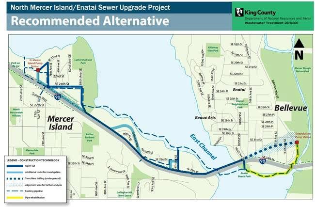 This map shows the recommended route for the North Mercer/Enatai sewer upgrade project. Image courtesy of King County Department of Natural Resources and Parks.