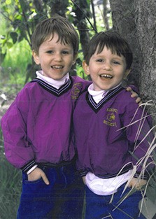 Twins Josh left and Jacob Glant pose as preschoolers just starting out at the French American School of Puget Sound in 2002.