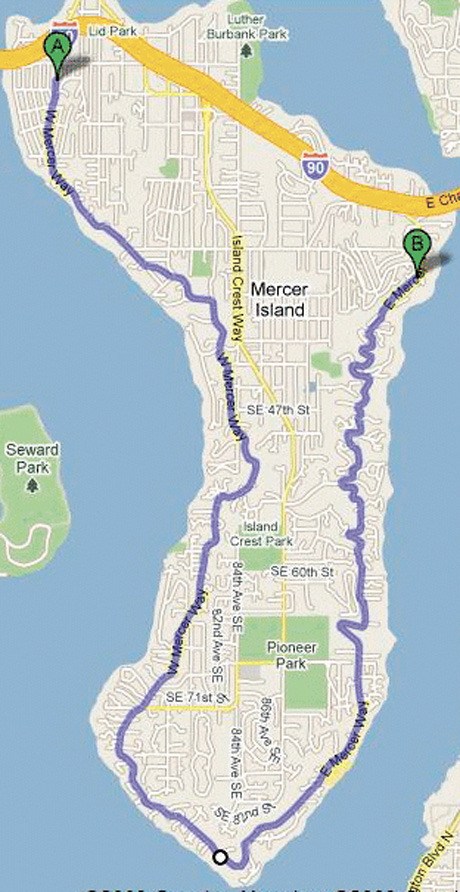 The race course for the 2010 Northwest Senior Games cycling race starts at the Boys & Girls Club and ends at Mercerwood Shore Club.