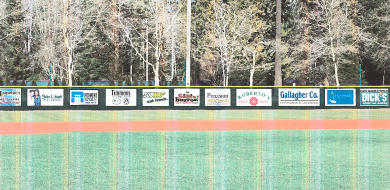 The city was considering funding opportunities to make improvements to Island Crest Park ballfields, including field banner advertising (rendering pictured). Photo courtesy of the city of Mercer Island