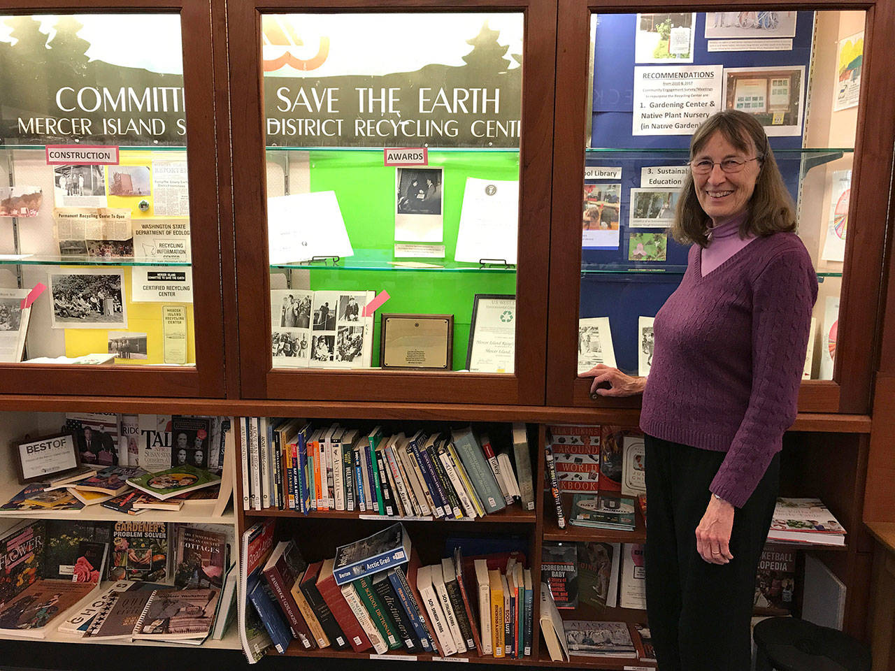 Concerned Citizens for Mercer Island Parks (CCMIP) co-Chair Meg Lippert recently reinstalled a display on the city’s Recycling Center at the library. Photo courtesy of Meg Lippert