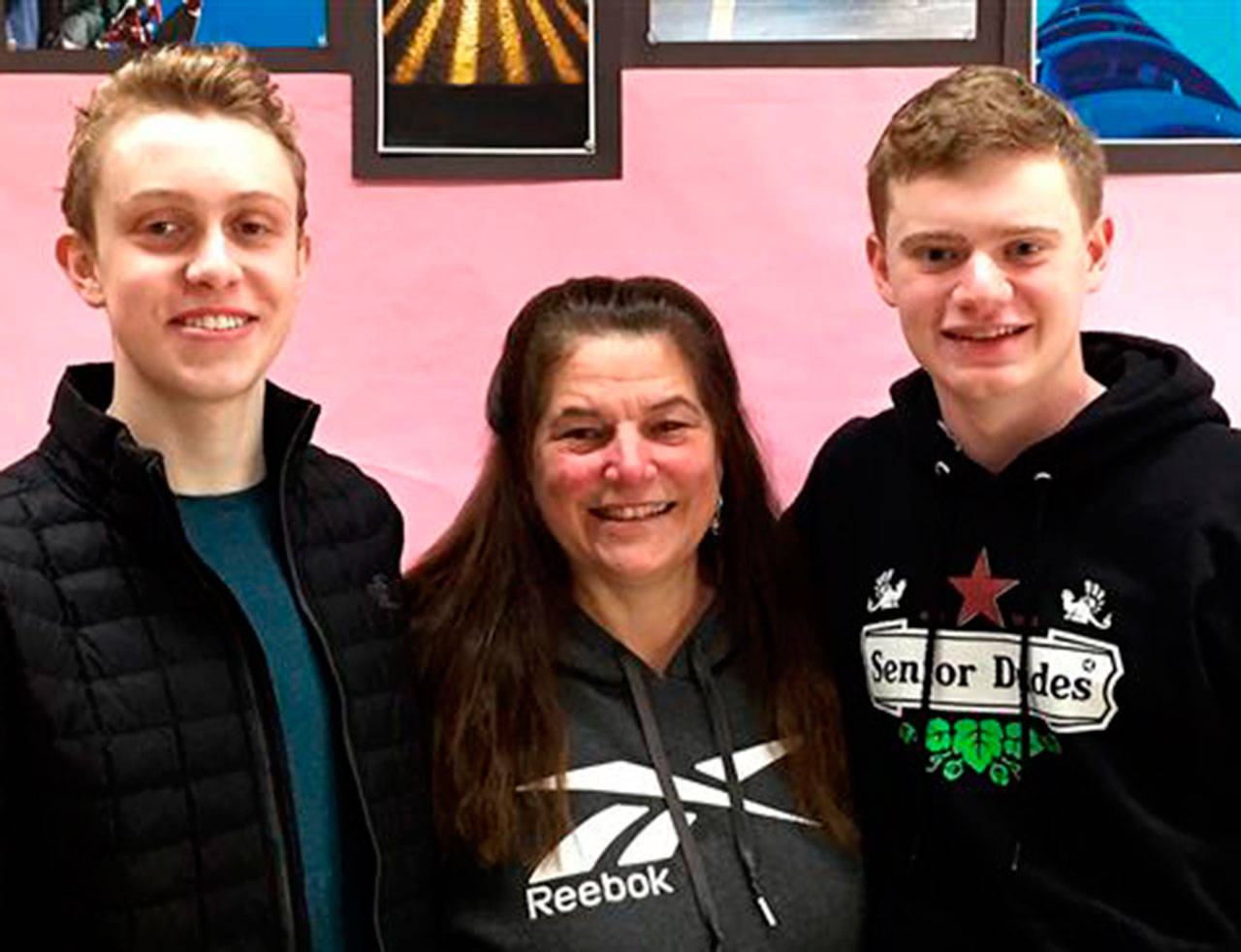 From left, Alex Mueller, teacher Kim Schjelderup and Zack Gottesman. Photo courtesy of the Mercer Island School District