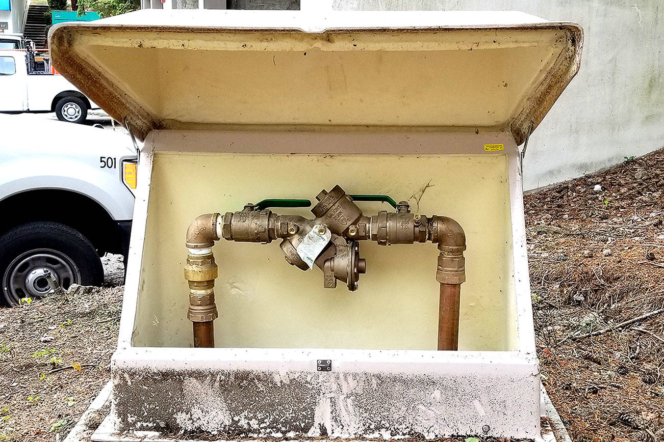 A reduced pressure backflow assembly located on a water fill station at the city maintenance yard. Photo courtesy of Brain McDaniel