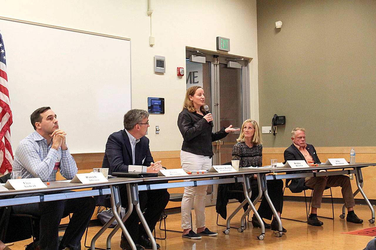 Natalie DeFord / Staff photo                                Heather Cartwright, who is running for Mercer Island City Council Position 5, answers a question during an Oct. 3 candidate forum hosted by the Mercer Island Chamber of Commerce.