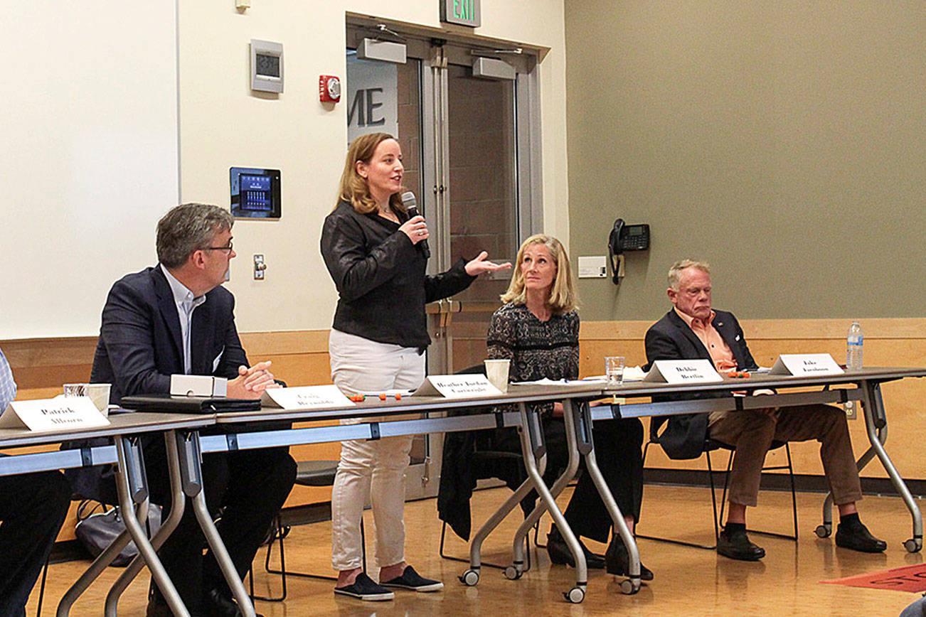 Natalie DeFord / Staff photo                                Heather Cartwright, who is running for Mercer Island City Council Position 5, answers a question during an Oct. 3 candidate forum hosted by the Mercer Island Chamber of Commerce.