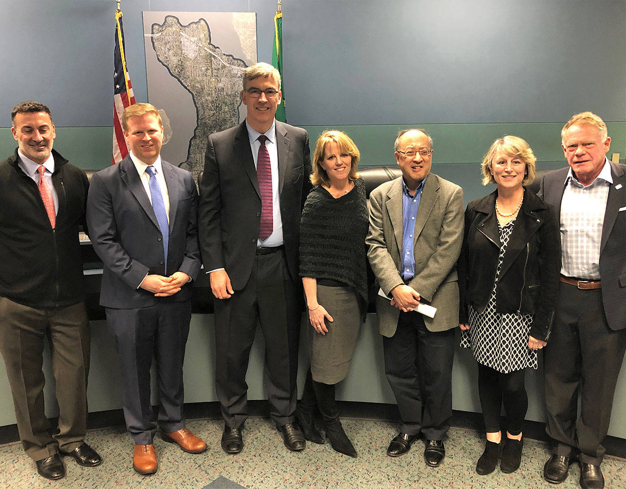 The new Mercer Island City Council. Those recently elected were sworn in Jan. 7, 2020, and leadership was appointed. From left: Salim Nice, David Rosenbaum, Craig Reynolds, Deputy Mayor Wendy Weiker, Mayor Benson Wong, Lisa Anderl, Jake Jacobson. Photo courtesy of city communications manager Ross Freeman.