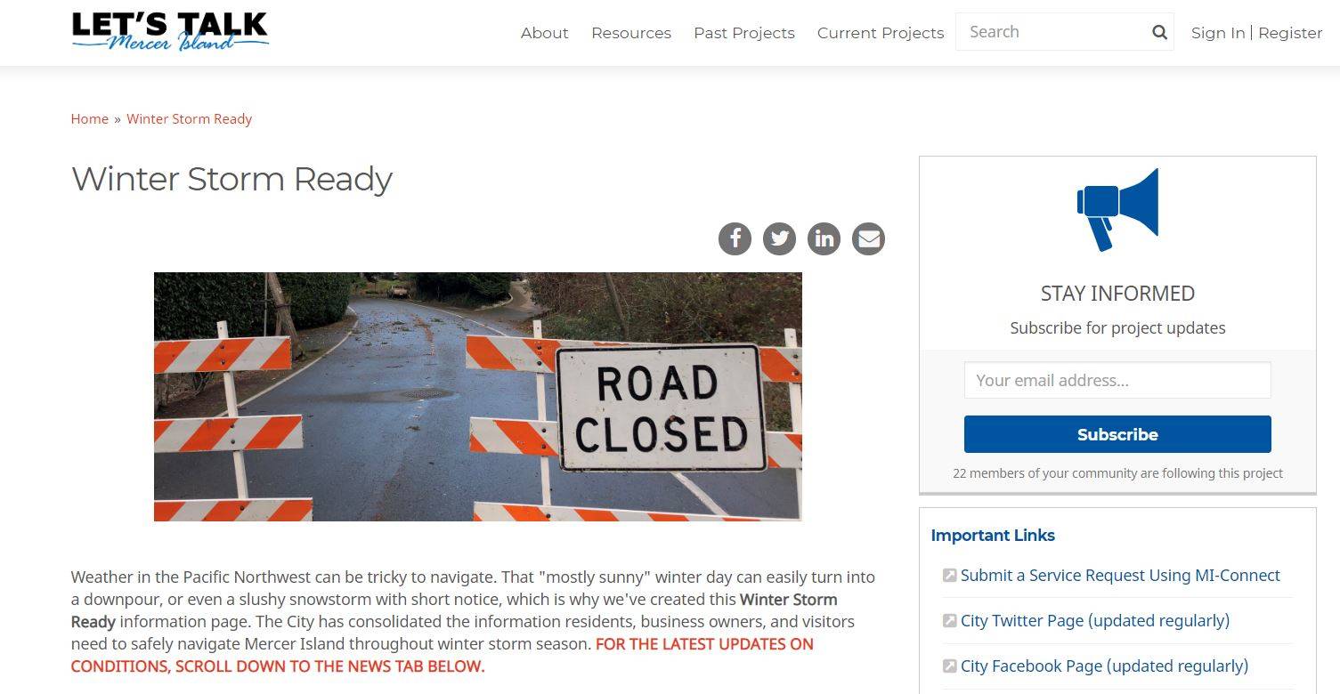 A screenshot of Mercer Island’s new Winter Storm Ready webpage on its Let’s Talk Mercer Island website.