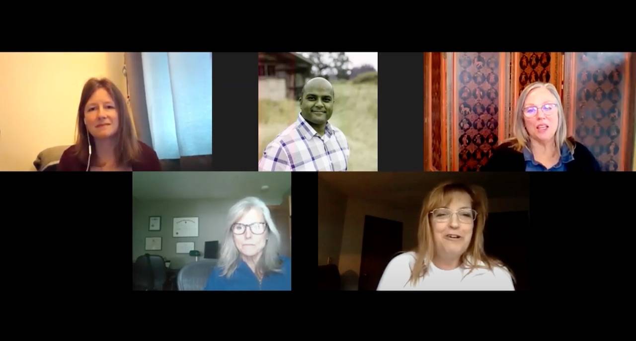 Top row, from left to right: Beth DeGrace and Simone Carmel; bottom row, from left to right: Karen Wilke and Donna Colosky. Screenshot from webinar