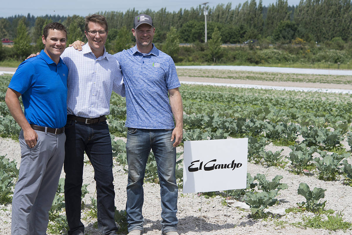 Sound Bites Delivers produce and restaurant favorites to Puget Sound! In this photo taken last year (before COVID-19) J. Stephan Banchero, III (President, Cedar Grove, Sound Sustainable Farms and Sound Bites), Chad Mackay (CEO, Fire Vine Hospitality) and Jamie Porter (Director of Sustainable Foods, Sound Sustainable Farms) visit the farm.