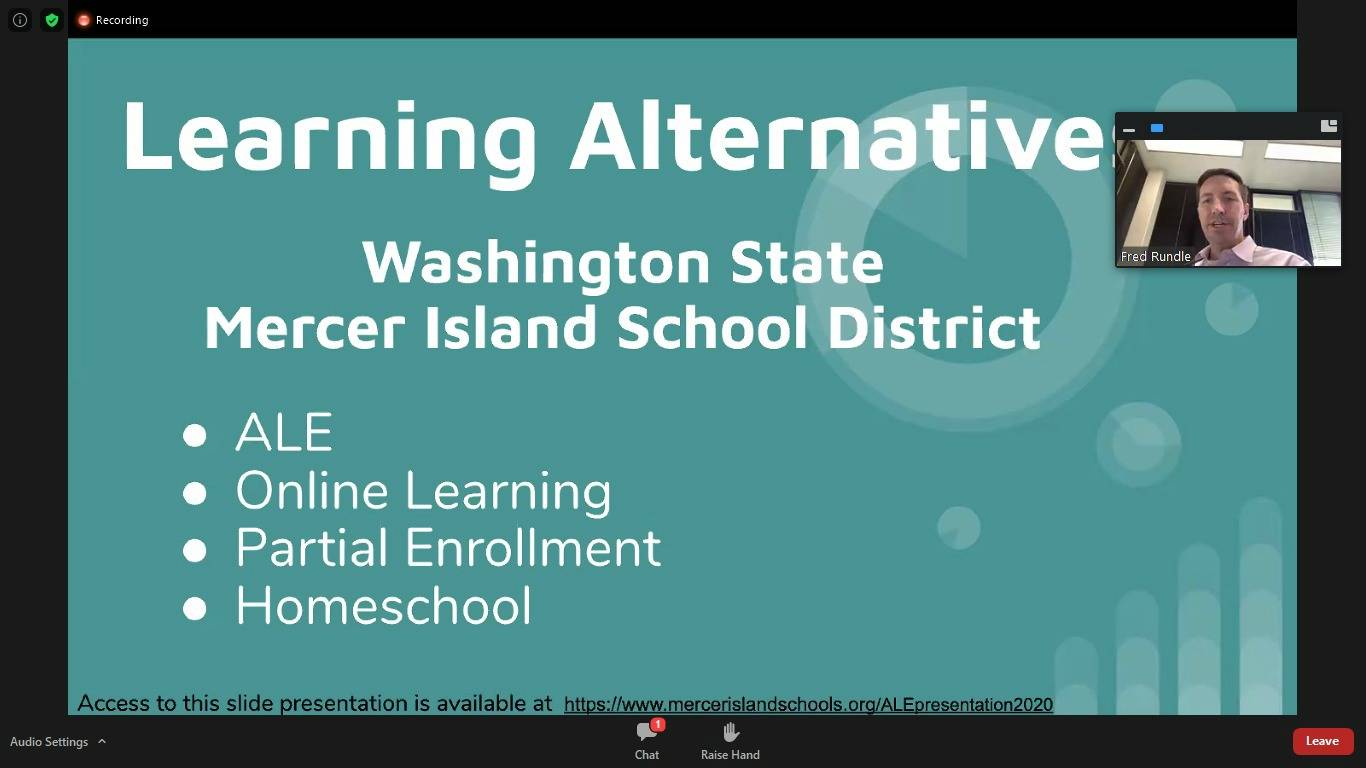 Fred Rundle, Mercer Island School District assistant superintendent of Learning Services, presents a webinar on alternative learning experiences on Aug. 20.