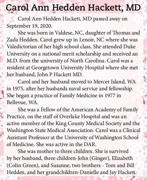 Carol Ann Hedden Hackett, MD