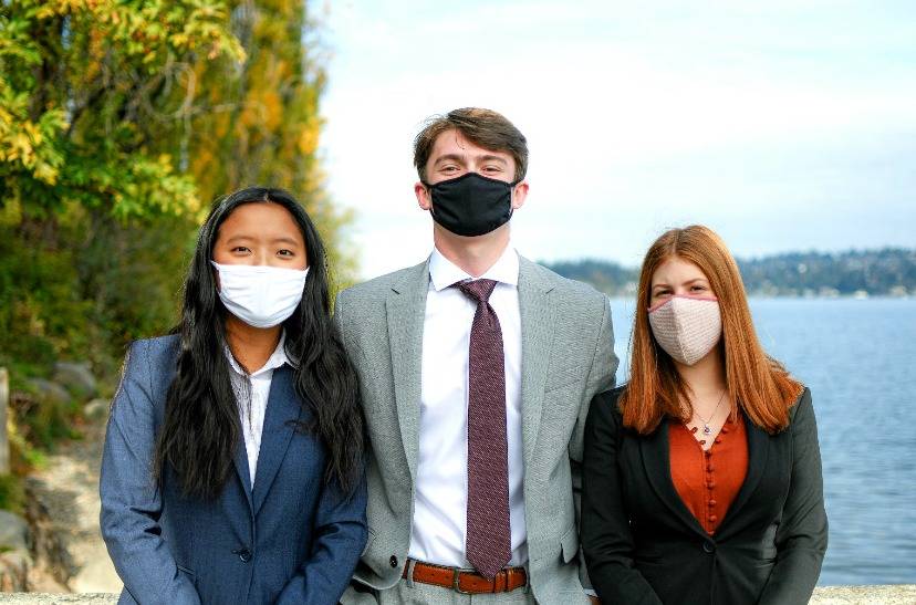 From left, Mercer Island High School seniors and Mercer Trade Inc. leaders Natalie Sim (chief operating officer), Walker Guerra (chief financial officer) and Bella Hartman (chief executive officer). Courtesy photo