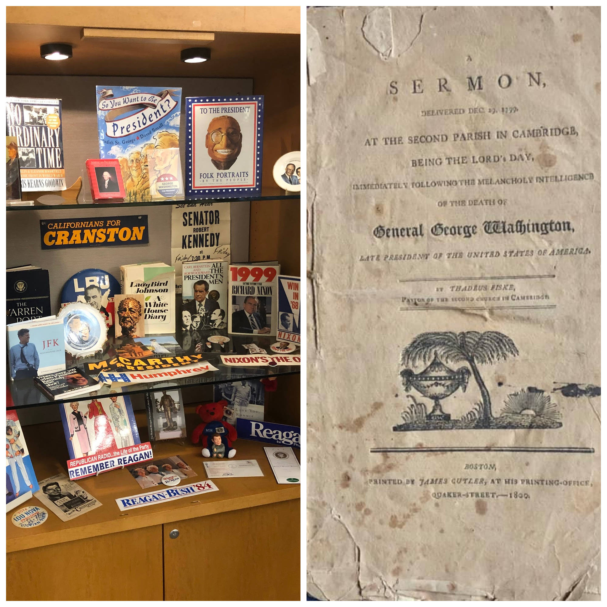 In honor of the inauguration of President Joe Biden and the Presidents’ Day holiday, the display case in the lodge at Covenant Living at the Shores is featuring a collection of presidential memorabilia contributed by various staff. Items include a printed funeral sermon delivered in Boston following George Washington’s death in 1799 as well as a copy of the program from the memorial service for President George H.W. Bush at the National Cathedral. Other items include campaign buttons for Lyndon Johnson and Richard Nixon, bumper stickers for Hubert Humphrey and Ronald Reagan, a Ross Perot poster and a John F. Kennedy doll in a rocking chair (that plays “Happy Days are Here Again”). There is also a campaign flier announcing a rally in California with Robert Kennedy a couple weeks before his death. Courtesy photos