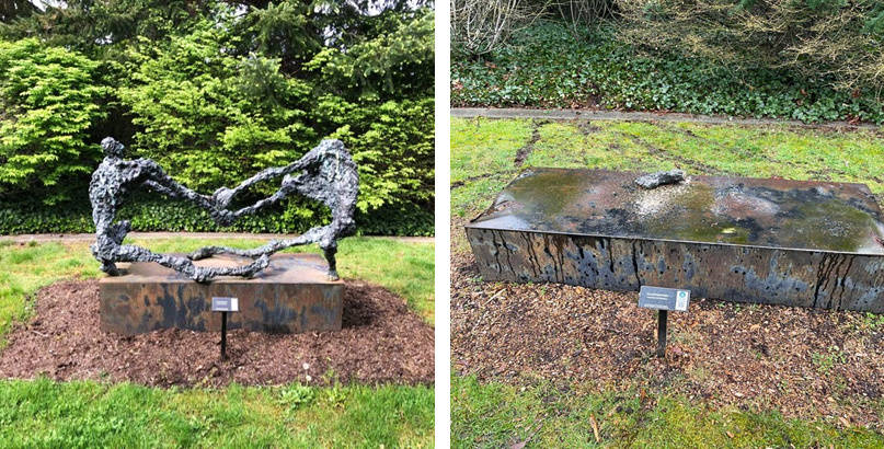 Louise McDowell’s “Counterpoint” sculpture was forcibly removed from its metal base, and apparently dragged away over the weekend of Jan. 30-31. Photos courtesy of the city of Mercer Island