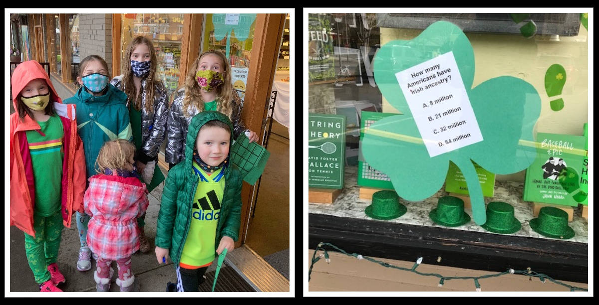 A family takes a break from strolling along the Leprechaun Trail in the Mercer Island business district on a recent day. Also pictured is a trivia shamrock in Island Books’ window. Starting March 1 and running through March 17, residents can follow the trail by locating those shamrocks and answering trivia clues to be eligible to win a pot of gold, which contains prizes from all 16 participating businesses. People can pick up a trail map from Island Treats (7605 SE 27th St. #106) or Island Books (3014 78th Ave. SE). Photos courtesy of Maddie Peterson