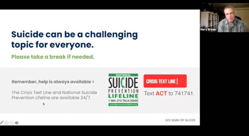 Harry Brown leads a presentation on “Signs of Suicide (SOS): Youth Suicide Prevention for Parents.” Zoom screen shot