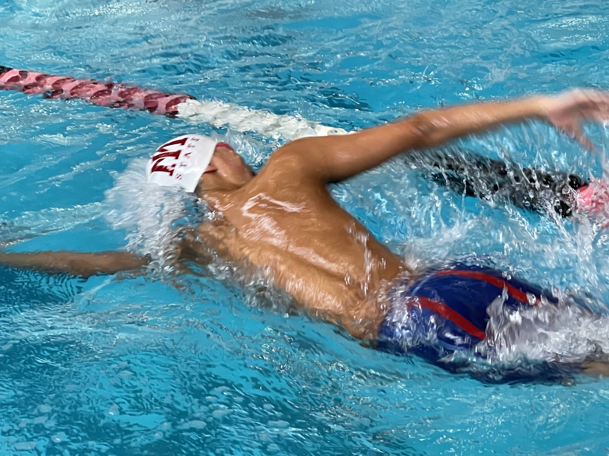 Mercer Island sophomore Evan Liu blasts through the 200 freestyle relay on April 27. Photo courtesy of Lesleigh Watson