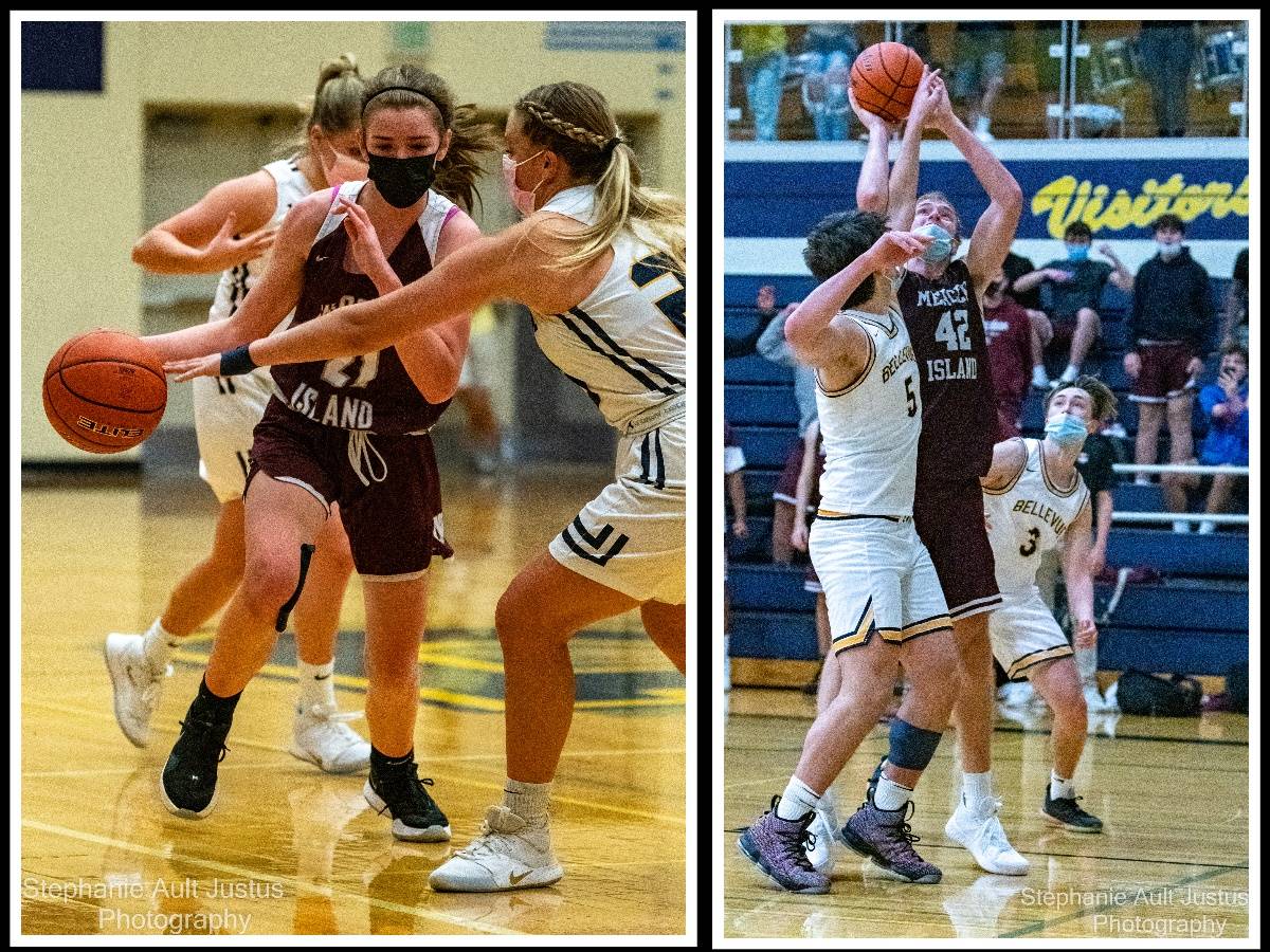 Mercer Island’s Caitlin Monahan dribbles the ball while being guarded by Bellevue’s Sara Bowar during the Islanders’ 52-51 victory on May 5. In boys’ action, Mercer Island’s David Pickles scores the winning basket with three seconds remaining over Bellevue junior Tom Nash while Bellevue’s Oliver Thomas looks on during the Islanders’ 56-54 victory on May 4. The Islander girls finished their season 7-1 and the boys finished 6-2. Photos courtesy of Stephanie Ault Justus