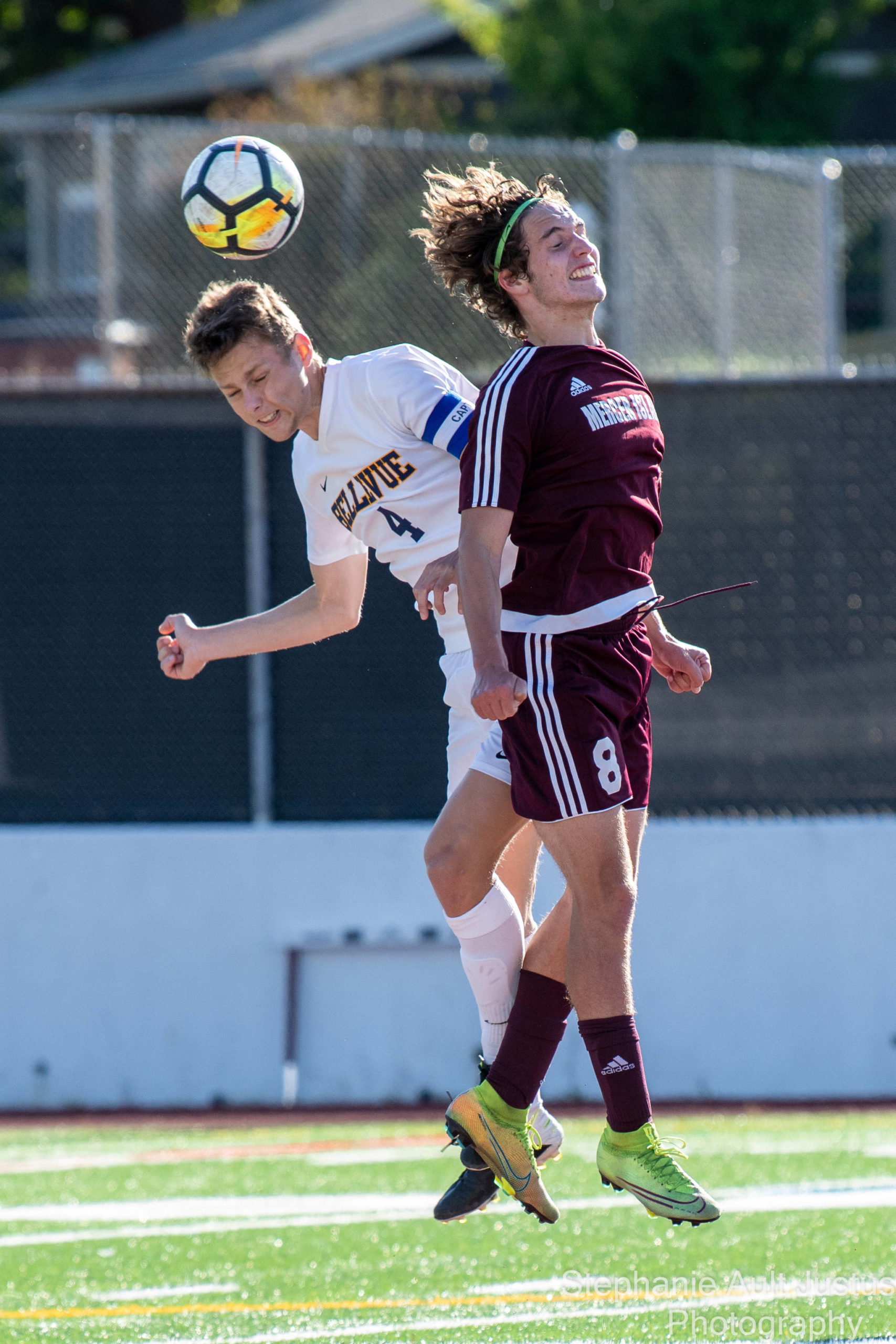 Mercer Island’s Alec Willet, right, scored both goals in the Islanders’ 2-0 boys soccer victory over Bellevue on May 20. Also pictured is Bellevue’s Charlie Kruger. Photo courtesy of Stephanie Ault Justus