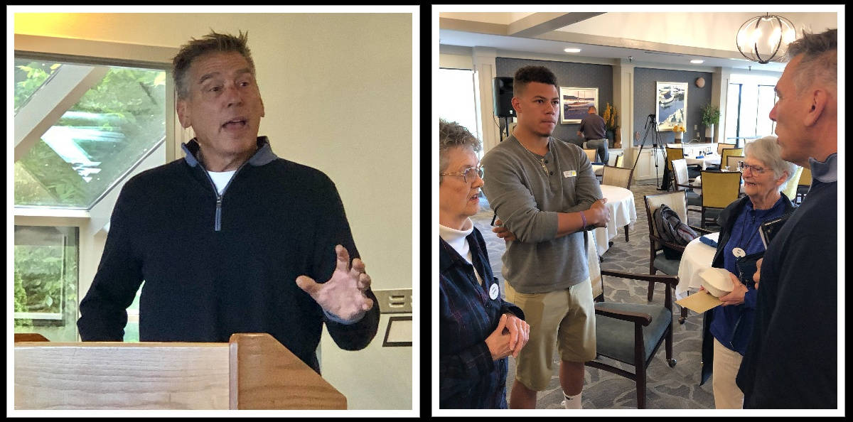 Jim Zorn, former Seahawks quarterback and Mercer Island resident, spoke at a recent community breakfast for residents at Covenant Living at the Shores. Zorn shared stories of his life as a player and coach in keeping with his talk “Life Lessons Disappointment Has Taught Me.” Acknowledging the retirement community’s upcoming 40th anniversary, Zorn related how he and his young bride temporarily lived in the apartments at “The Shores” in 1981 when their home was being built. The monthly breakfast event was the first one since COVID restricted regular programming on the campus 15 months ago. Photos courtesy of Greg Asimakoupoulos