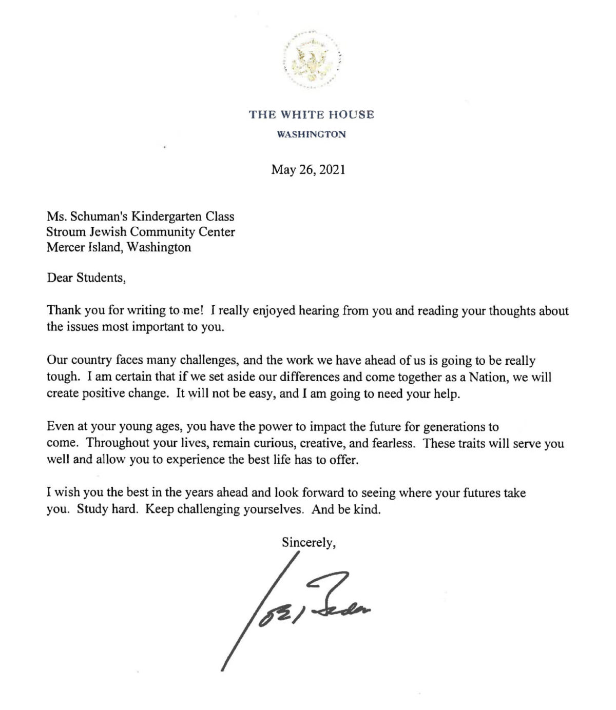 President Biden responds to letters local kindergartners penned to him ...