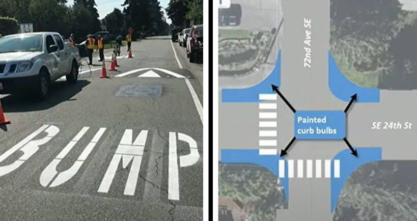 Left: Traffic safety improvements have been implemented on 92nd Avenue Southeast near Mercer Island High School. Right: A rendering of improvements planned for the intersection of Southeast 24th Street and 72nd Avenue Southeast. Photos courtesy of the city of Mercer Island