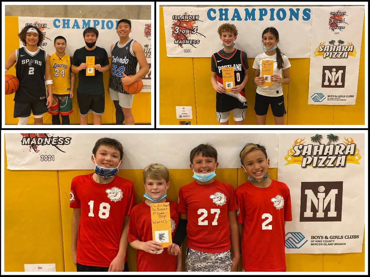 Winners of the 3 on 3 Islander Madness Tournament, clockwise from upper left, The Amigos, 3-point shootout (Colin Monahan and Anna Mock) and Tiny Ballers. Courtesy photo