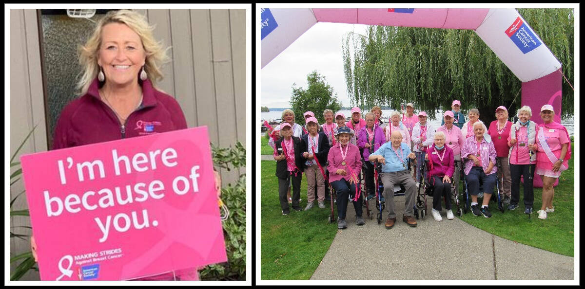 The American Cancer Society honored Roxanne Helleren as the 2022 recipient of the WA State Legacy & Leadership Celebrate Lives Award for organizing the Mercer Island Covenant Living at the Shores Making Strides Against Breast Cancer walk event in the fall and the Seattle Making Strides event. The senior living community’s resident life director, a cancer survivor herself, is passionate about the event and thankful for the support it gets each year. Helleren was honored during a virtual leadership event held on Feb. 8. She is pictured at left and on the far right in the survivors 2021 walk photo. Courtesy photos