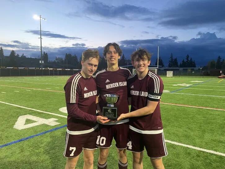 From left to right: Mercer Island High School boys soccer captains Hawkins Sanborn, Brady Gilroy and Cooper Gersch. Photo courtesy of Peter Sanborn