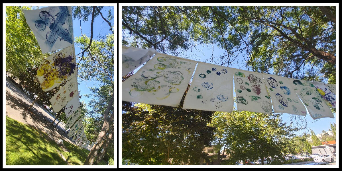 In recent weeks, children and adults’ printed colorful patterns — made with fruits and vegetables — have been hanging from the trees bordering Mercerdale Park as part of the Community Flags Art Project presented by the Mercer Island Visual Arts League (MIVAL). The flags came to life at Summer Celebration on July 9 and others can participate in the project by picking up a flag at the MIVAL Gallery from noon to 6 p.m. Wednesday-Saturday and noon to 4 p.m. Sunday in the Avellino Building at 2836 78th Ave. SE. The project is supported by the city of Mercer Island and the Mercer Island Community Fund. Also on tap for MIVAL this summer is its 48th annual Junior Art Show from July 18-Sept. 9 at the Mercer Island Community and Event Center, 8236 SE 24th St. Hours are from 10 a.m. to 7 p.m. Monday–Thursday and 10 a.m. to 5 p.m. Friday-Saturday. A reception and awards ceremony for the artists will take place at 11 a.m. July 23. Andy Nystrom/ staff photos