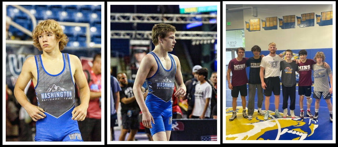 From left to right: Mercer Island High School’s Lincoln Woods and Gordon Gibson at the US National High School Wrestling Championships in Fargo, North Dakota; and Max Martin, Chase Warnick, coach Bo Nickal, Gibson, Jordan Benitez and Woods at Nickal’s clinic. Courtesy photos