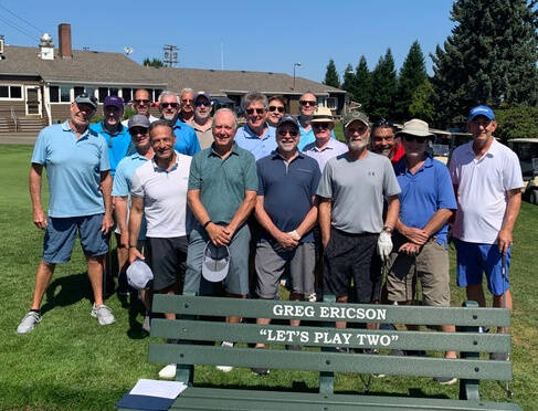 Members of the Mercer Island High School Class of 1972 gather for the “Kiss the Rock” golf tournament on Aug. 25 at West Seattle Golf Course to kick off the events for their 50th high school reunion. They are: Craig Mitchell, Steve Young, Brad Brewster, Bob Cohon, Phil Menashe, Cary Jenkins, Brad Hillard (Class of ’71), Mark Saffle, Gary Bennett, Bill Sheard, Dan Walton, Carl Vonder Haar, Kevin Kerstiens, David Schirmer, Gerry Scalzo, Paul Cunnington, Bill Garrett and Rob Kraft. In the third-ever tournament, which was played with two-man scramble rules, they determined in the interest of fun that the third lowest scorer would take the trophy home and assume/organize the defense of the cup the following year. Courtesy photo