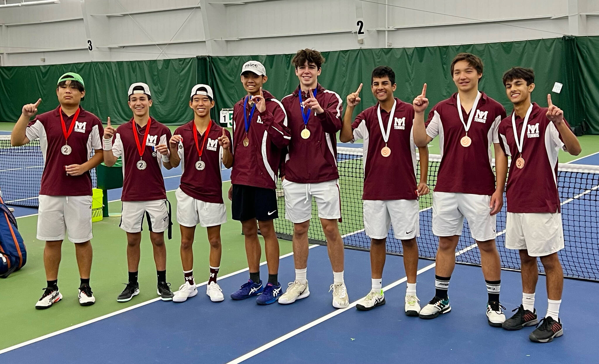 Mercer Island High School’s boys tennis squad won the 3A KingCo tournament championship, which culminated on Oct. 22 at the Edgebrook Club in Bellevue. The Islanders’ doubles teams swept first, second and third place, and local singles players won second and third place. Pictured are, left to right: Hanri Luo (singles second place), Noah Perlman and Brandon Chew (doubles second place), Connor Leung and Sam Dilworth (doubles first place), Ajay Manhas and Nathan Wen (doubles third place) and Gian Manhas (singles third place). The players will advance to the district tournament in May. Courtesy photo