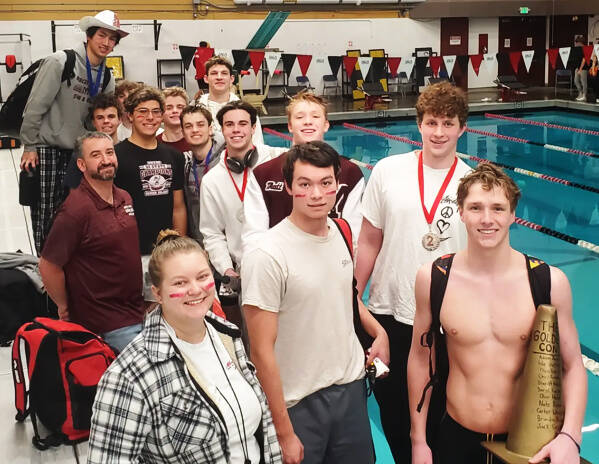 Mercer Island High School’s boys swim and dive team won the 3A KingCo championship meet on Feb. 4 at Newport High School. The Islanders topped the team table with 309 points and received first-place swims from: Matt Williamson (100-yard butterfly, 49.48, and 100-yard backstroke, 52.11), Evan Liu (200-yard freestyle, 1:43.16, and 500-yard freestyle, 4:44.86) and Emmett Ralston (100-yard breaststroke, 57.79). Williamson’s fly time is an All-American consideration mark, and Ralston broke the 3A KingCo meet record in the breaststroke. On the diving side, Shane Kornblum placed third. Courtesy photo