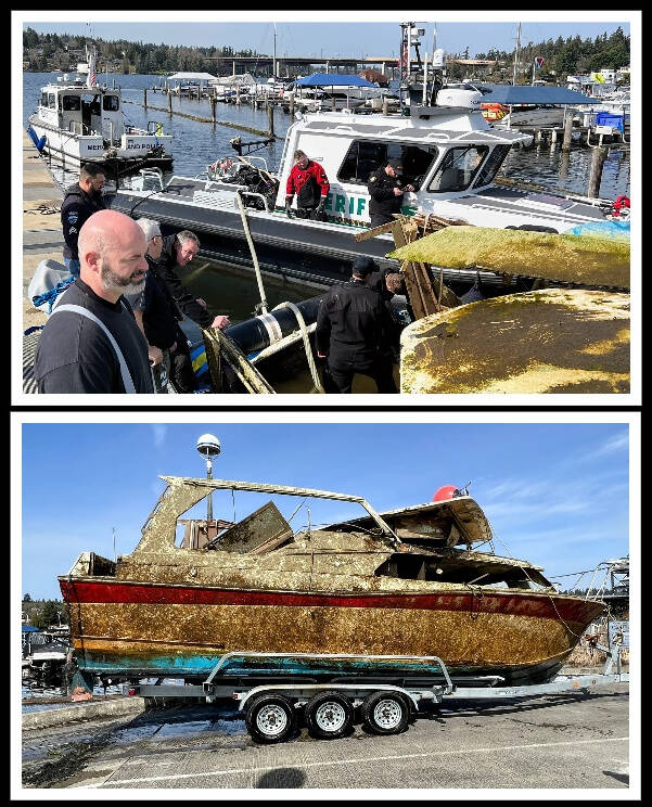 Mercer Island Police Department’s Marine Patrol divers successfully raised a derelict boat, which had been abandoned and submerged, on March 18. The Mercer Island Fire Department and King County Sheriff’s Office assisted in removing the vessel from Lake Washington. Photos courtesy of the Mercer Island Police Department