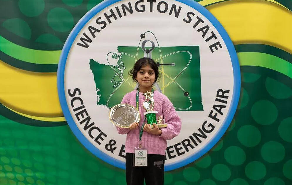 Sri Vadlamannati displays her awards at the 2023 Washington State Science and Engineering Fair. Photo courtesy of the Mercer Island School District