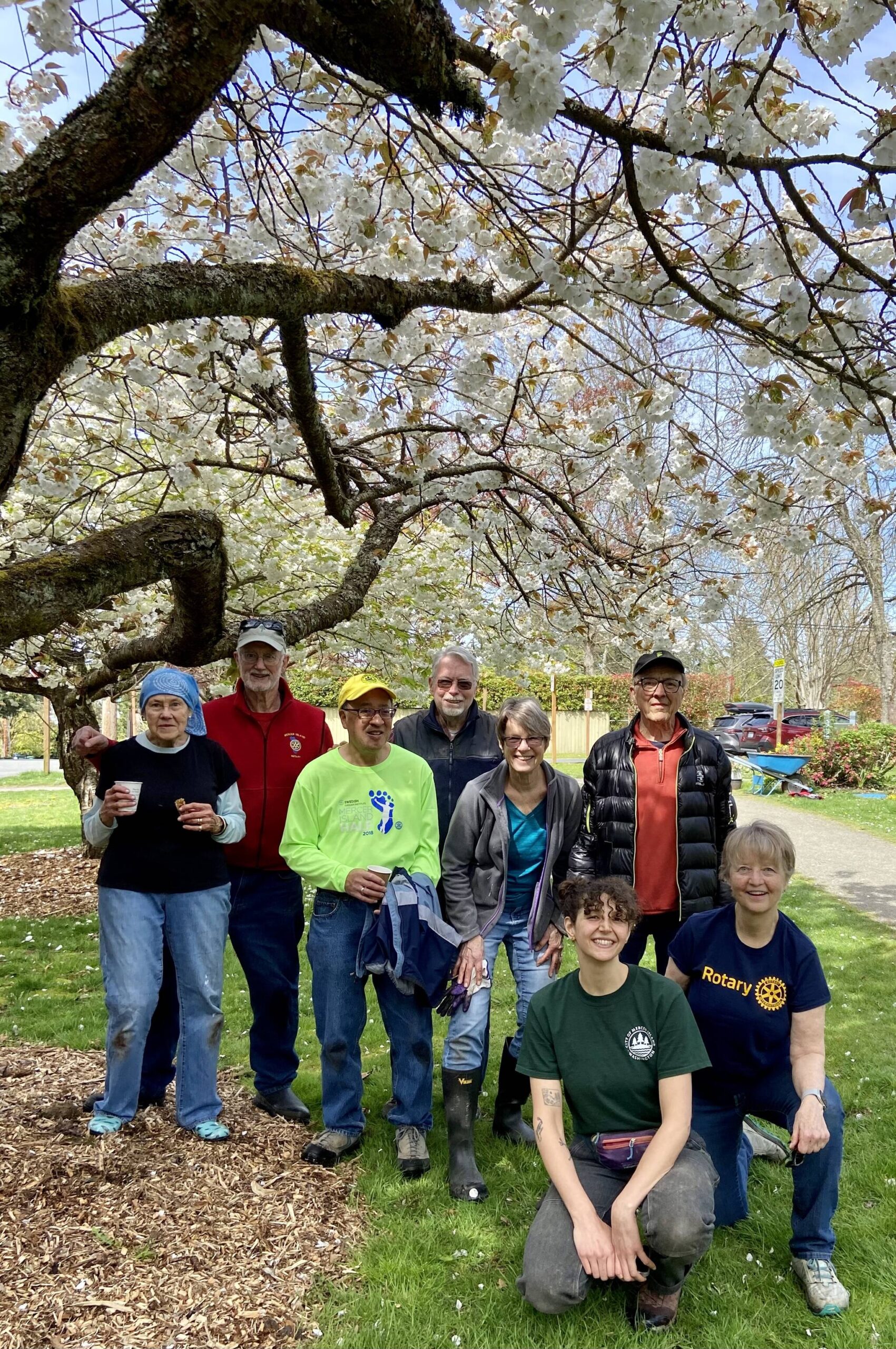 Rotary Club of Mercer Island members spent two hours on April 26 cleaning up Rotary Park. Seven Rotarians raked and weeded, then spread six cubic yards of bark dust mulch around trees. They also cleaned up the flower beds by the Rotary Park sign. The city’s parks department brought a truckload of mulch and provided wheelbarrows, rakes, hand tools and gloves, plus water and snacks. The Rotary Club’s parks committee members previously had removed ivy and blackberries at the park. They plan to do more such cleanup events in the future at this and other Island parks. Rotary’s motto is “Service Above Self,” and the club invites and welcomes new members. For more information, visit mirotary.org. From left: Vivyiene Stumbles, John Hamer, Benson Wong, Mike Finn, Edie Warner, Terry Lee. Kneeling: Jordan Fischer (city employee) and Pat Turner. Courtesy photo